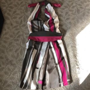 Multi-colored silk backless halter dress